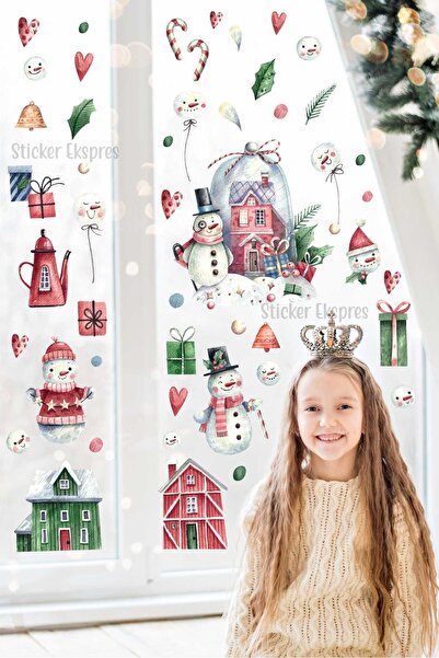 Sticker Ekspres Snowmen Houses And Winter Figures Christmas Glass Wall Door S...