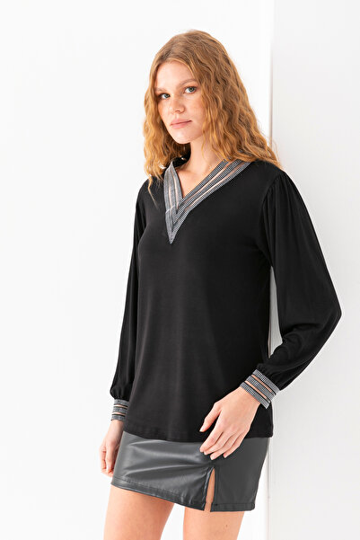 EtkiModa Women's Black Long Sleeve Viscous Blouse with Stone Stripe Collar and Sleeves