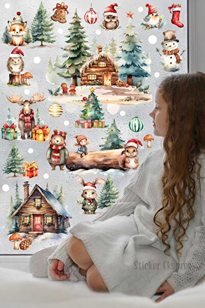 Sticker Ekspres Set tematic de Anul Nou în pădure Set de autocolante de peret...