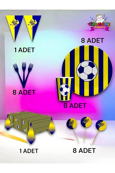 VibeHome Yellow Navy Blue Fan Premium Set for 8 - Birthday Party and Fun Events
