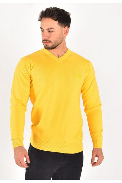 MİWAN COLLECTİON V-Neck Yellow Slim Fit Men's Knitwear Sweater