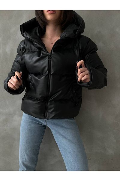 MEYASU Women's Black Leather Hooded Puffer Coat