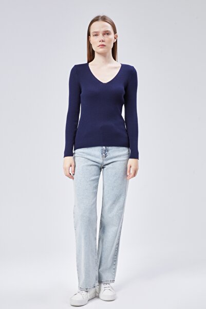 MA ananas Pulover de damă de bază cu decolteu în V bleumarin