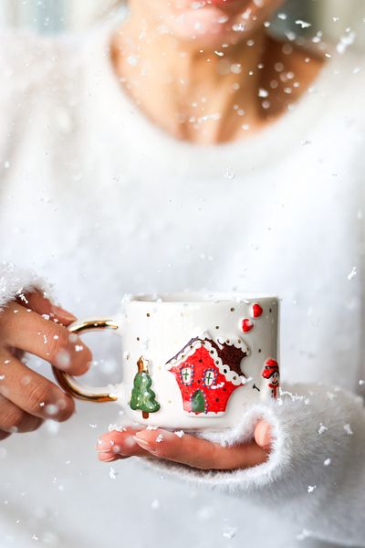 Özce Art Ceramic Atelier New Year's Eve Patterned Gold Detailed Handmade 200 ml Mug and Saucer