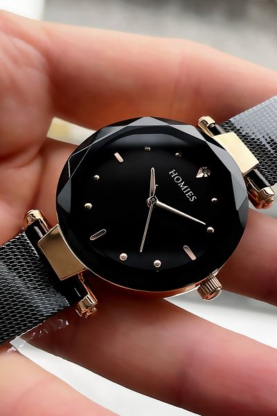 Homies Women's Wristwatch Cut Glass Waterproof Black Color Steel Cord Bracelet Gift Hmby2025c4