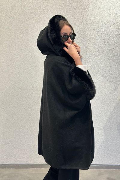 novon Faux Fur Three Quarter - Leather Locked Oversize Cashmere Poncho (Size 34-48)