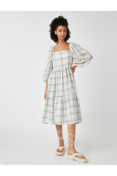 Koton Midi šaty s balonovým rukávem se čtvercovým výstřihem