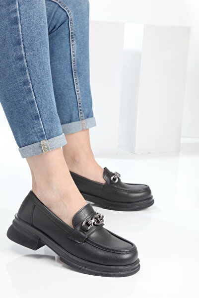 YASEMİN Жіночі чорні шкіряні туфлі-лофери з детальною термопідошвою та зручною колодкою - Sansa
