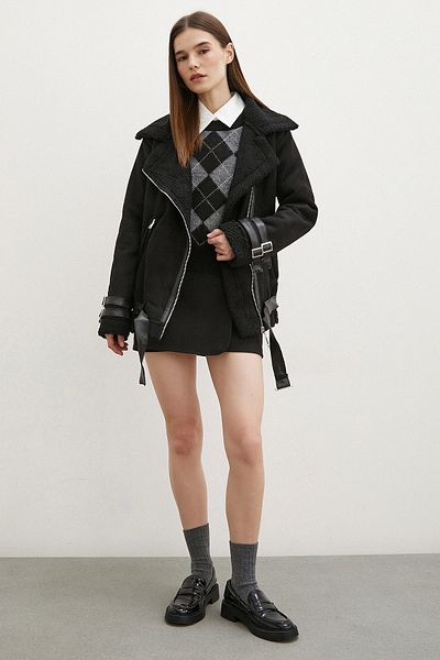 Never more Palton din piele intoarsa neagra - cu centura