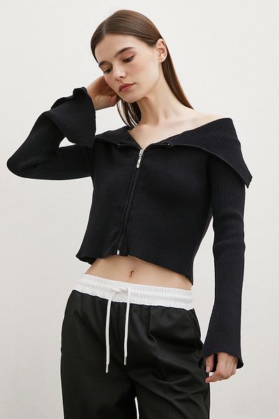 Never more Cardigan cu fermoar cu guler batistă neagră