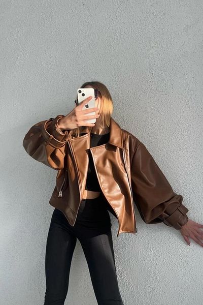 mypagebutik Hellbraune Lederjacke mit Ballonärmeln