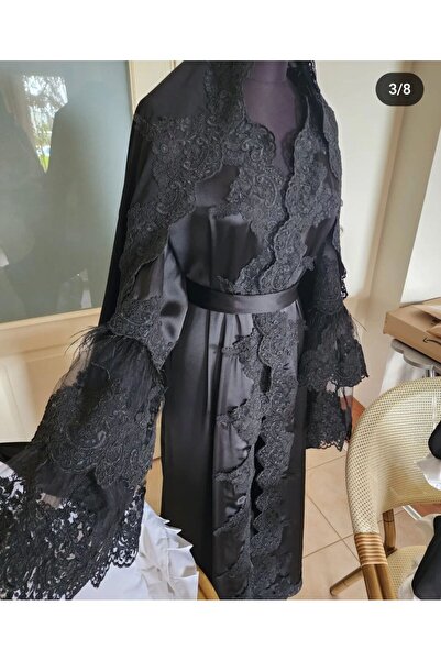 Tozpembebaby ثوب نوم للحوامل من الساتان الأسود مع شال