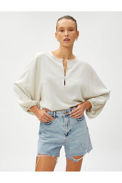 Koton Relax-Bluse mit Ballonärmeln aus Leinenmischung