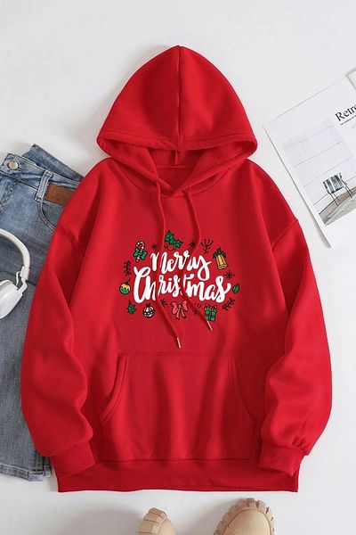 Rex Darius Merry Christmas New Year New Year Red Oversize Hooded Hoodie - Gift
