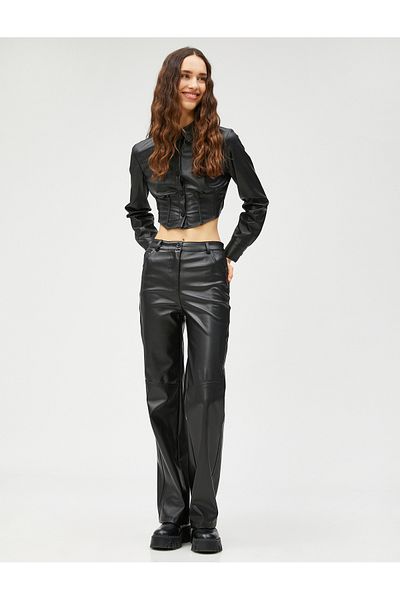 Koton Leather Look Trousers Wide Leg Pocket Detailed Buttons