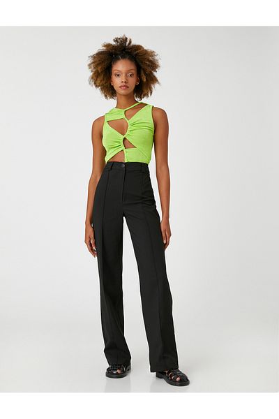 Koton Fabric Trousers Wide Leg High Waist Ribbed Front