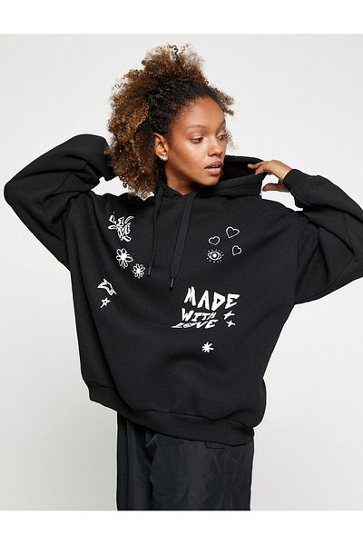 Koton Hooded Sweatshirt Printed Long Sleeve Comfortable Cut With Fleece Inside