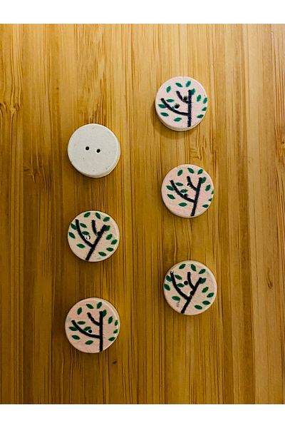 Kartopu Branch Patterned Painting Wooden Button Narrow Hole. 13 Mm. Pack of 6. Pink.