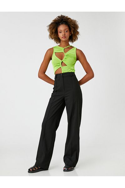 Koton Fabric Trousers Wide Leg High Waist Ribbed Front