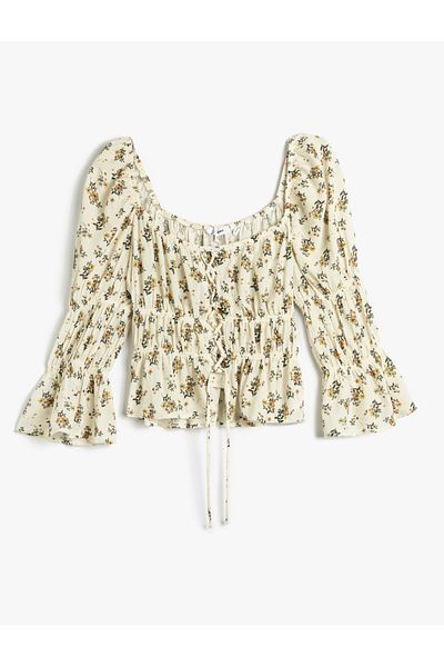 Koton Floral Blouse Square Neck Long Sleeve Gathered