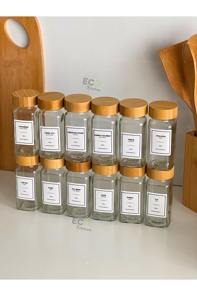ECO KİTCHEN 12-Piece Glass Spice Rack Set - with Bamboo Lid Jar and Spreader Head (Label Gift)