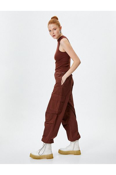 Koton Parachute Trousers Oversize Cargo Pocket Elastic Waist and Legs Cotton