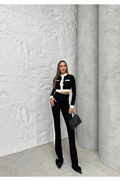 Viskosa Μαύρο Πλεκτό Παντελόνι Crop Σετ με Λευκή Ρίγα