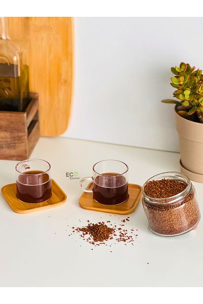 ECO KİTCHEN 2-Piece Glass Coffee Cup with Bamboo Plate,Borosilicate,Turkish Coffee Cup
