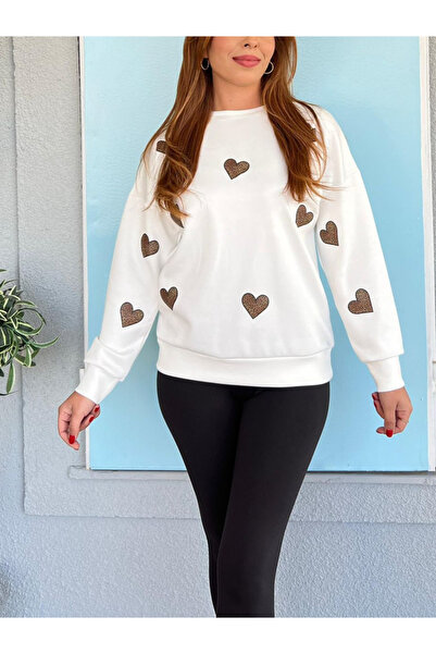 Kalp Desenli  Sweatshirt-Beyaz - S