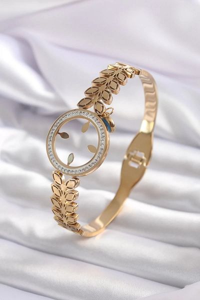 Clariss 316L Steel Gold Color Attachable Zircon Stone Detail Women's Handcuffs