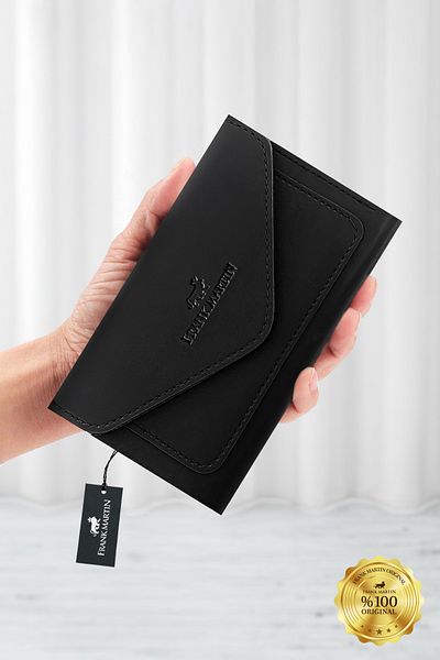 Frank Martin Black Envelope Model Portfolio - Women's Wallet with Money and Paper Compartment