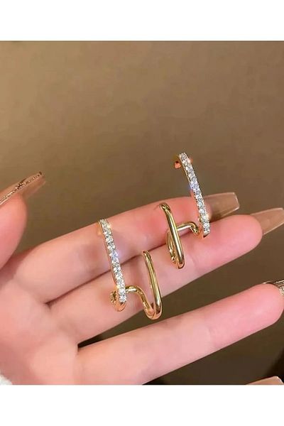 Alaçatı Accesories أقراط من الفولاذ المقاوم للصدأ بلون ذهبي مزدوج مع حجر الزركون