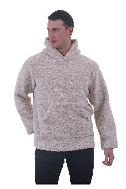 Exve Exclusive Beige Plush Fur Winter Hooded Cotton Lycra Winter Regular Fit Hoodie Sweatshirt