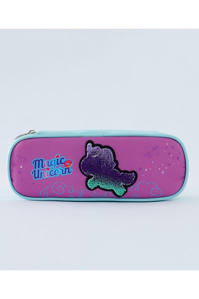 Fab N Funky Magic Unicorn Pencil Case - Durable Purple Zippered Case with Internal Holder for Kids 3+