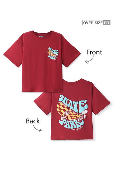 Pine kids Pine Kids Cotton Knit Half Sleeves Oversized T-Shirt with Skate Print - Maroon