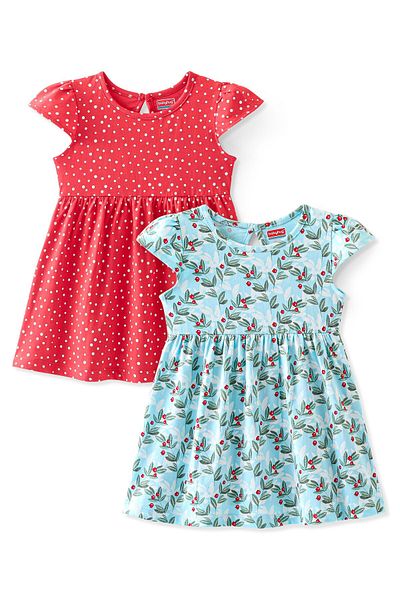 Babyhug Babyhug Cotton Knit Half Sleeves Frocks with Leaves Printed Pack of 2 - Red & Blue
