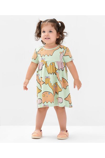 Bonfino Bonfino 100% Cotton Knit Half Sleeves Frock With Dino Print - Green & Brown