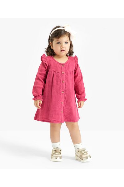 Bonfino Bonfino 100% Cotton Woven Full Sleeves Double Gauze A- Line Frock Frill Detailing  Solid Colour-Pink