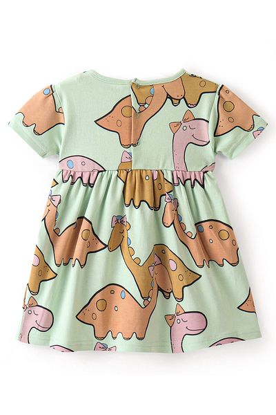Bonfino Bonfino 100% Cotton Knit Half Sleeves Frock With Dino Print - Green & Brown