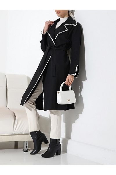 Modamorfo Shepherd's Stitching Waist Strap Coat - Black