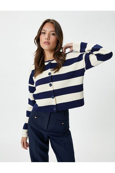 Koton Buttoned Cardigan Crew Neck Off Shoulder Acrylic