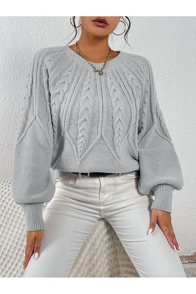 AQE FASHION Women's Hair Braided Crew Neck Italian Sleeve Knitwear Gray Sweater