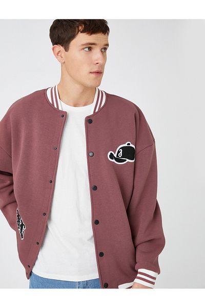 Koton College Jacket Bomber Collar with Embroidery Detail and Snap Pocket