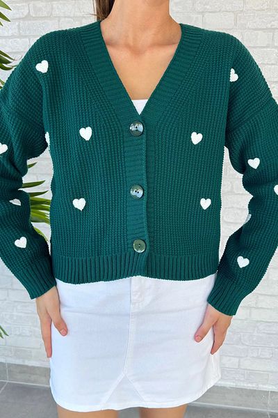 GÜLSELİ Heart Embroidered Emerald Green Knitwear Cardigan