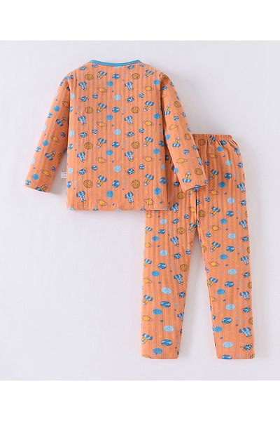Babyhug SAPS Cotton Blend Outer Space All Over Printed Full Sleeves Pyjama/Co-ord Set - Peach