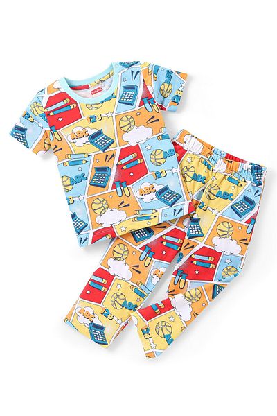 Babyhug Cotton Knit Half Sleeves School Supplies Print Night Suit/Co-ord Set - Multi Color