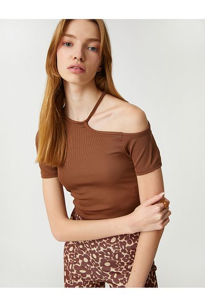Koton Crop T-Shirt One Shoulder Kurzarm gerippt