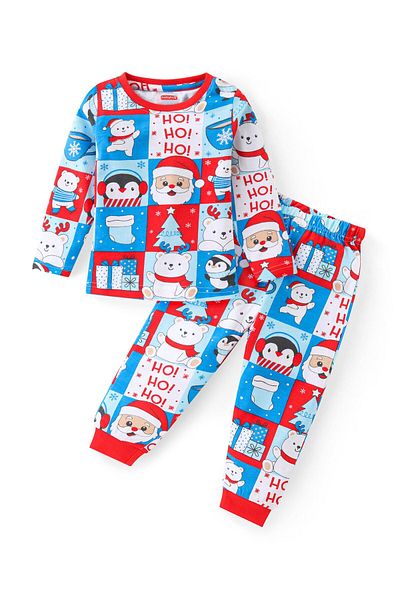 Babyhug Cotton Knit Full Sleeves Night Suit/Co-ord Set With Christmas Theme Print - Multicolour