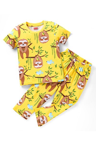 Babyhug Cotton Knit Half Sleeves Night Suit Co-ord Set With Sloths Print - Yellow