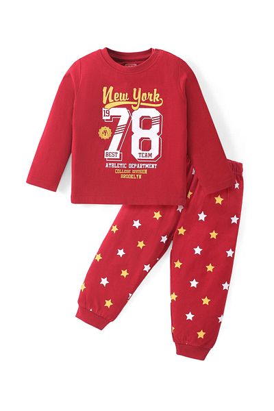 Babyhug Cotton Knit Full Sleeves Night Suit With Text Print - Red